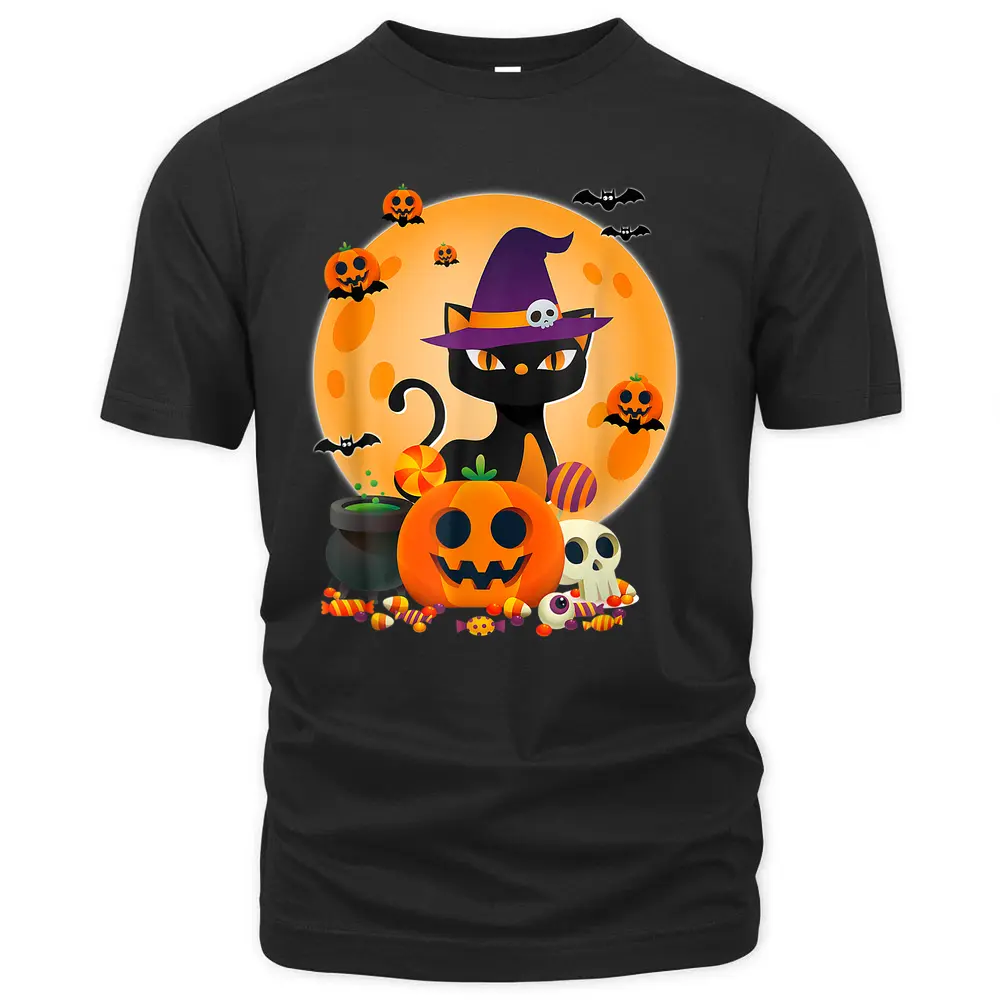 Cat With Witch Hat Pumpkin Bat Moon Cat Funny Halloween T-Shirt